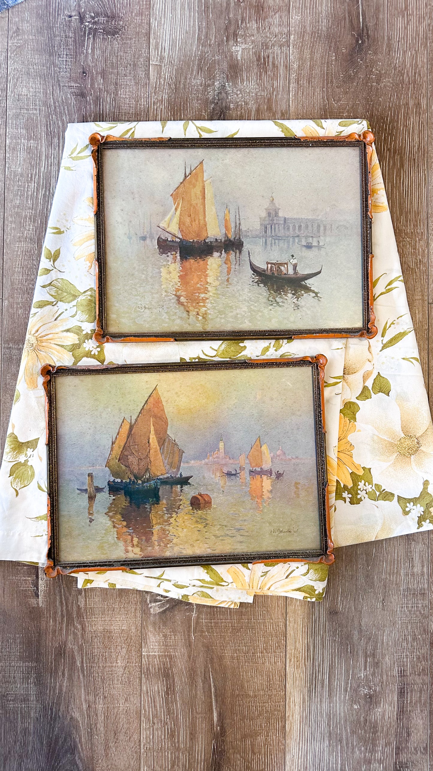 Vintage Venetian Boat Prints by A. De Breanski Jnr: Framed Set of Two