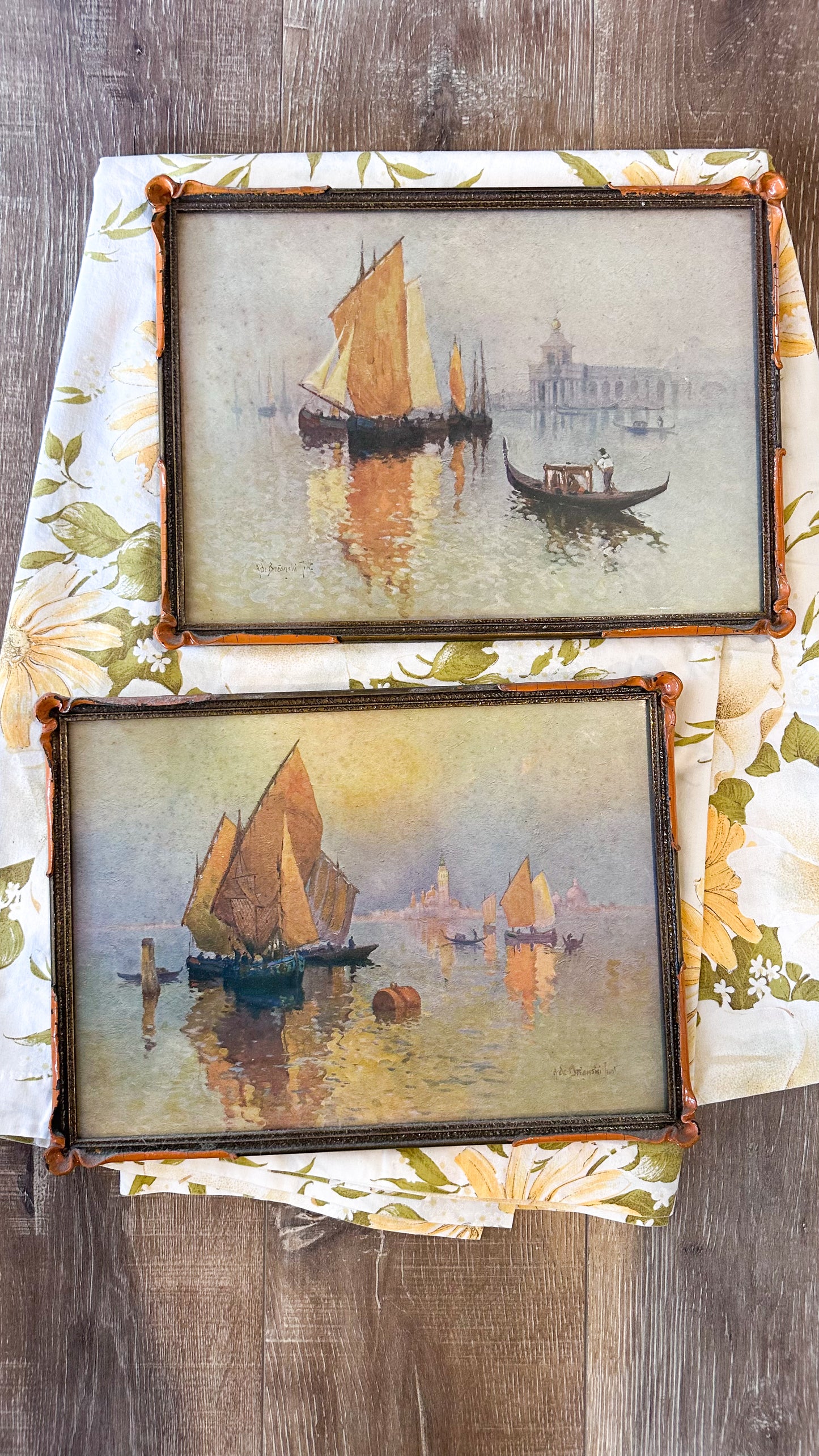 Vintage Venetian Boat Prints by A. De Breanski Jnr: Framed Set of Two