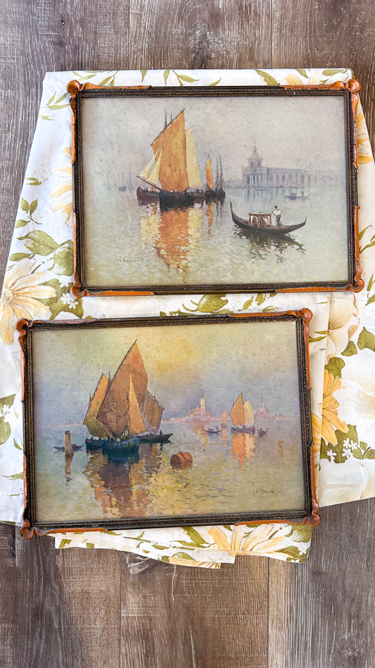 Vintage Venetian Boat Prints by A. De Breanski Jnr: Framed Set of Two